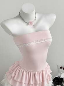 Flirla Top dulce sin tirantes con fruncido y línea A con ribete de encaje para mujeres, primavera/verano - Rosa - Ver 5