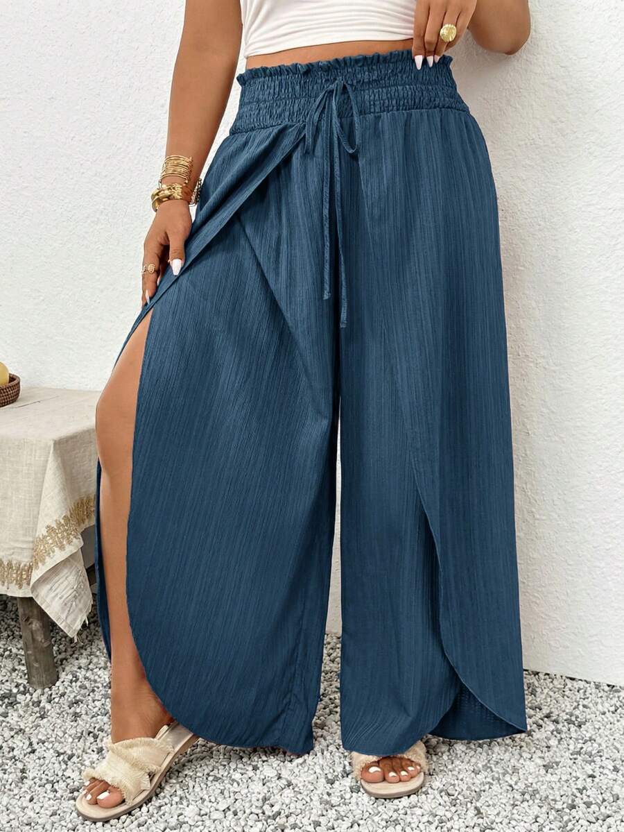SHEIN Frenchy Plus Size Women Solid Color Split Design Casual Versatile Daily Wear Pants Fall - Navy Blue - View 1