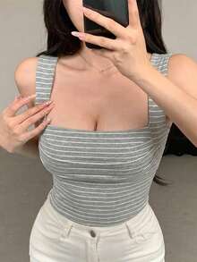 DAZY 女士休闲条纹修身背心，Y2K 夏季款 - 彩色 - 查看 5