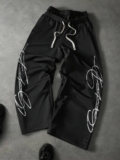 SLATEMANN Men's Letter Print Drawstring Waist Loose Casual Sweatpants