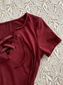 SHEIN 女士休闲纯色系带T恤 - 紅色 - 查看 5