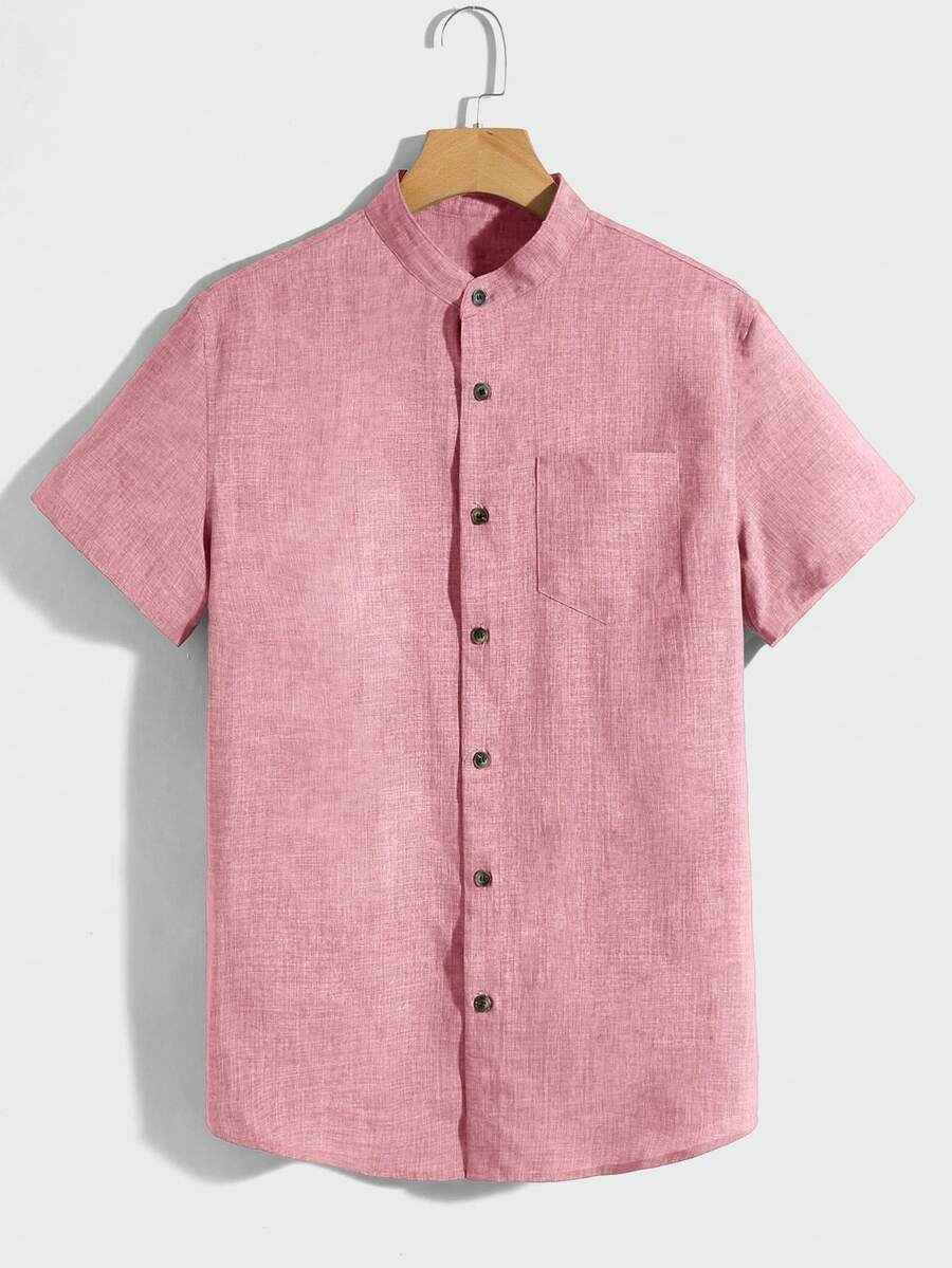 EASEVO Kemeja Pria Ukuran Besar Warna Polos Serbaguna Lengan Pendek Kancing Tunggal dengan Saku, Cocok untuk Liburan, Hadiah Hari Ayah - Berwarna merah muda - View 1