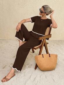SHEIN Frenchy 女士度假休闲撞色滚边上衣和裤子两件套 - 棕色 - 查看 4