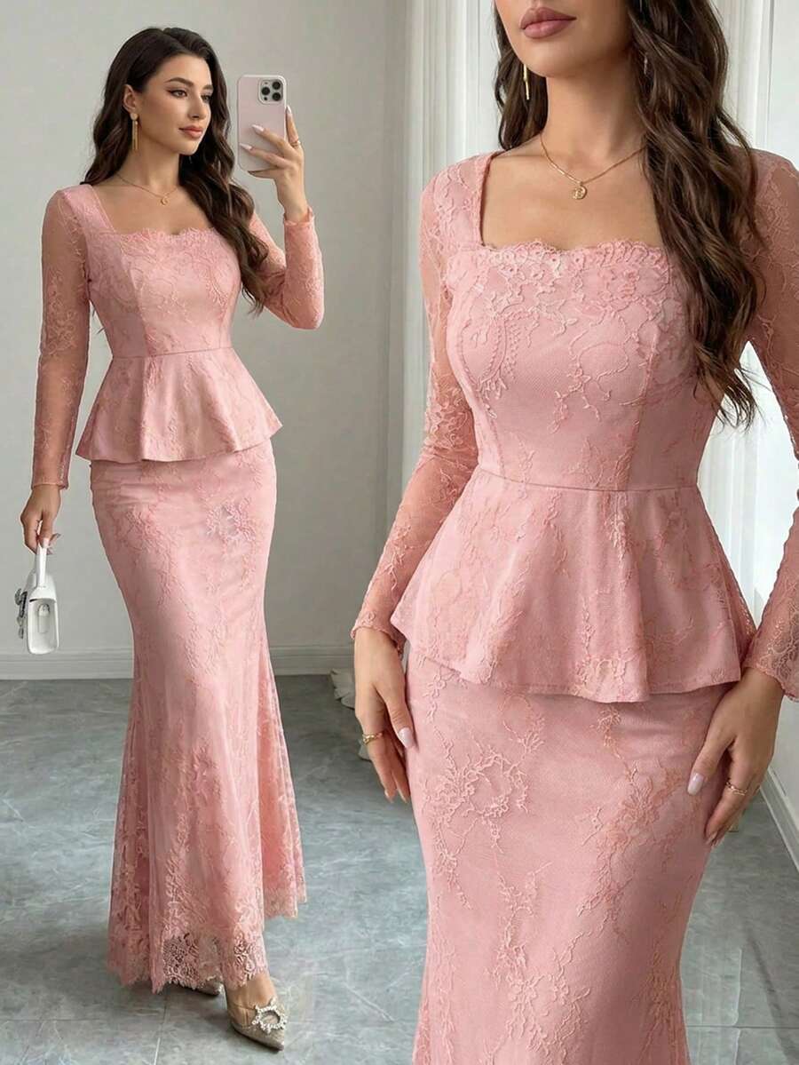 Modelyn Bộ 2 món áo và chân váy ren phối màu trơn dành cho nữ. - Hồng - Xem 1