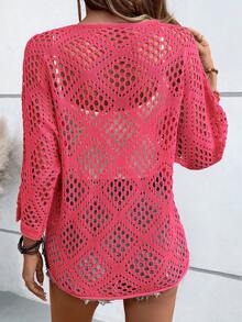 SHEIN Holidaya Sweater Rajut Wanita Kasual Liburan Warna Polos dengan Lubang di Bagian Bawah - Hot Pink - View 3