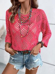 SHEIN Holidaya Sweater Rajut Wanita Kasual Liburan Warna Polos dengan Lubang di Bagian Bawah - Hot Pink - View 5