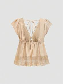 Sweetra Women's Sweet Elegant Floral Lace Patchwork Short Sleeve Blouse, Summer Vacation Beige - Apricot - View 2