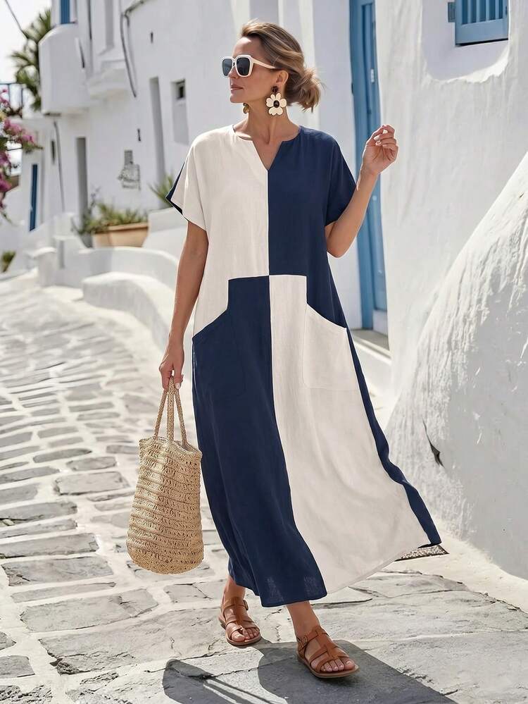 Women's Contrast Color V-Neck Short Sleeve Casual Long Dress