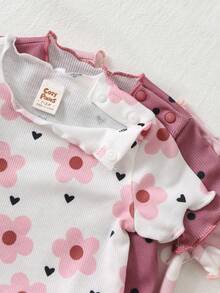 Cozy Pixies Newborn Baby Girl 6pcs Set: Heart Pattern Knit Soft Crew Neck Short Sleeve Top And Elastic Waist Shorts - Dusty Pink - View 4