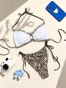 Swim SXY Bộ bikini gợi cảm buộc dây cổ, xếp ly, họa tiết da báo, dành cho nữ mùa hè 2026. - Nhiều màu - Xem 3