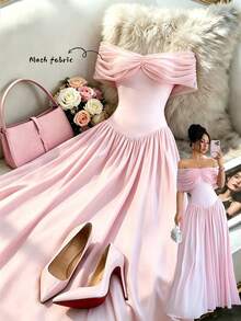 Elenzga Women's Solid Color Pleated Off-Shoulder Elegant Dress - Pink - View 1