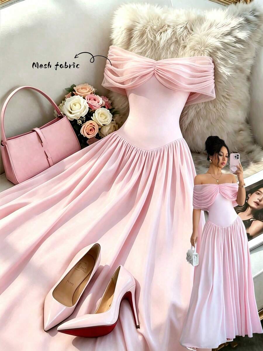 Elenzga Women's Solid Color Pleated Off-Shoulder Elegant Dress - Pink - View 1