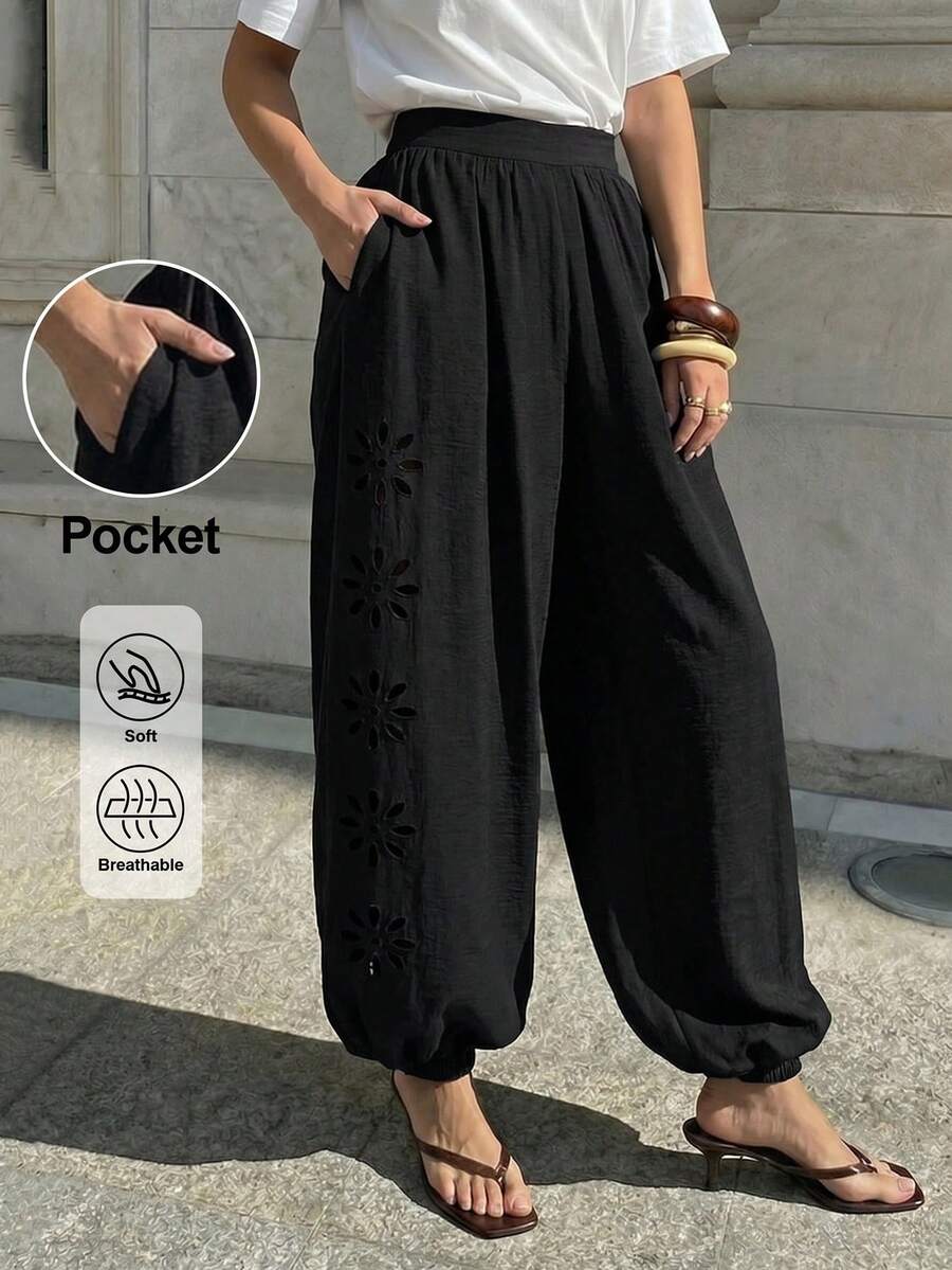Lavishia 優雅休閒舒適燈籠褲，側面刺繡設計，適合秋季穿著、度假、海灘，黑色 - 黑色 - 查看 1
