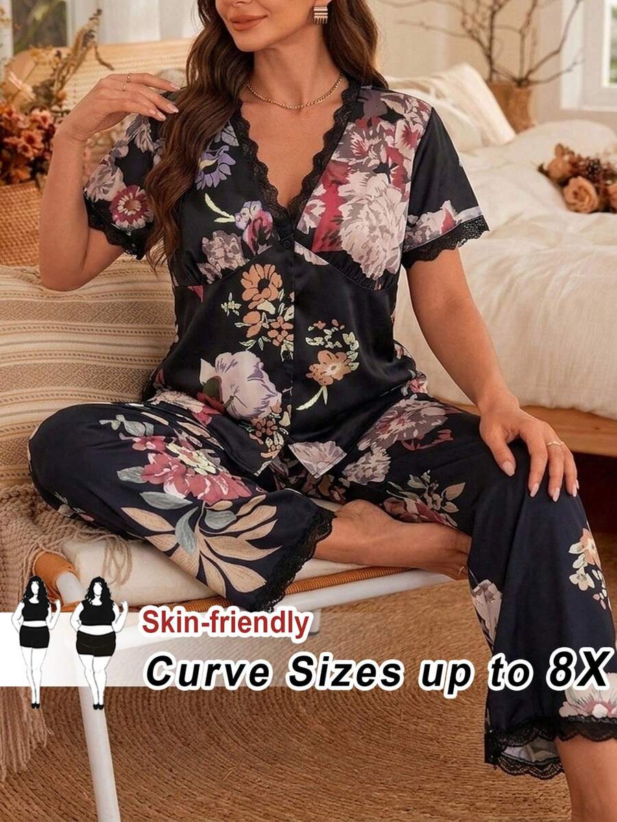 SHEIN CURVE+ Bộ đồ 2 mảnh dành cho nữ cỡ lớn: Áo cổ chữ V viền ren in hoa và quần ống rộng, kiểu dáng thường ngày. - Nhiều màu - Xem 1