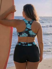 Swim SPRTY طقم ملابس سباحة صيفي جديد 2026 باللون الأسود مع نقشات زهرية بمقاسات كبيرة، ملابس سباحة رياضية محافظة بظهر سباق للشاطئ والعطلات وحفلات المسبح - متعدد الألوان - مشاهدة 2