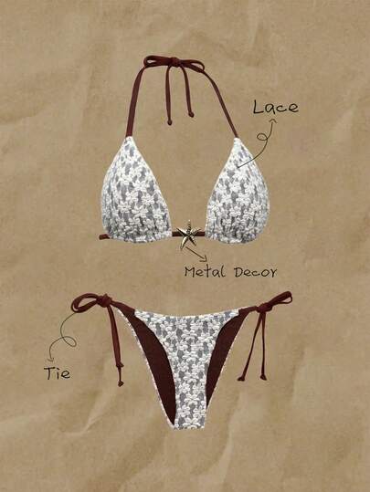 Elavelle Women's Jacquard Fabric Halter Bikini Set With Metal Decor, Spring/Summer