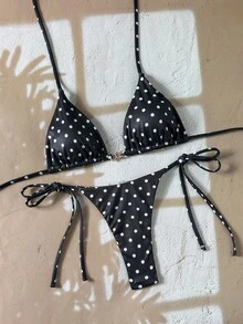 Swim Vcay 2pcs/Set Women's Beach Summer Outfits, Leopard Print Random Pattern Gold Accessories Halter Top And Side Tie Bikini Swimsuit Set - Multicolor - View 4