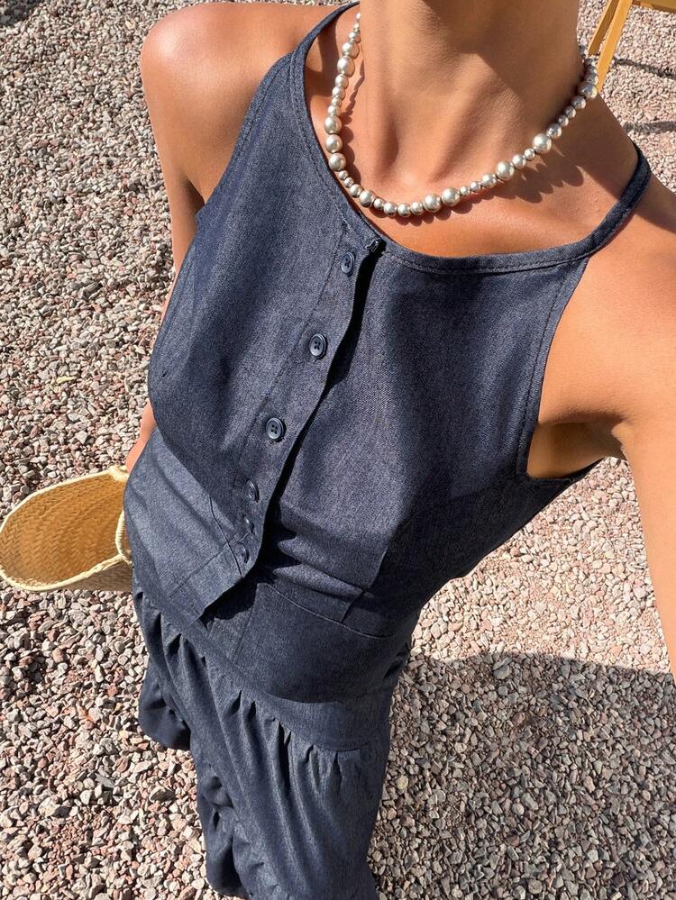 Women's Sleeveless Open Front Denim Camisole And Long Denim Skirt Casual Denim Set