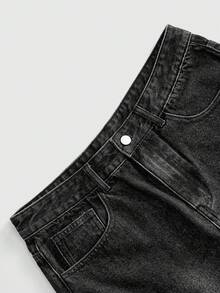 ROMWE MEN Street Life Pantalones cortos vaqueros versátiles para hombres con lavado pesado y estampado vintage, de corte recto y holgado - Negro - Ver 3