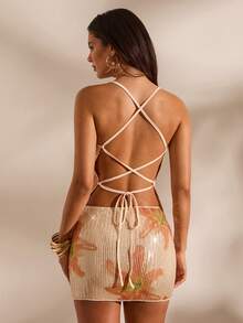 Opulessa Áo hai dây hở lưng thêu hoa và đính cườm dành cho nữ - Màu be - Xem 7