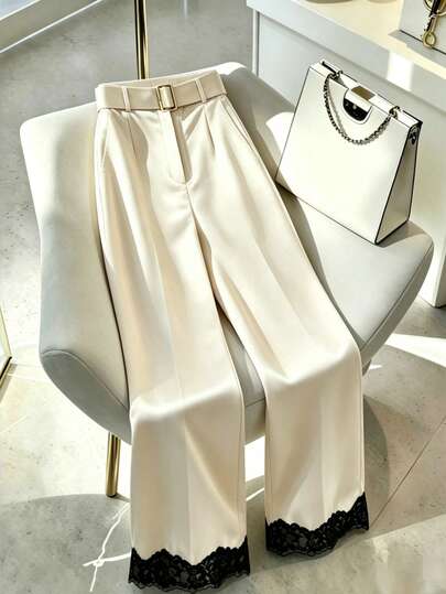 SHEIN Franclia Women's Elegant Lace Contrast Trim Flared Leg Pants With Metal Buckle Belt, Suitable For Spring/Summer Outings And Dates