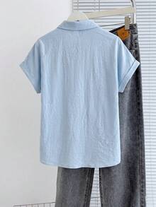 SHEIN Franclia 女士新款春夏蓝色100%纯棉宽松休闲衬衫，带口袋，适合日常、度假、海滩、办公室、工作、优雅场合、通勤等。 - 藍色 - 查看 2