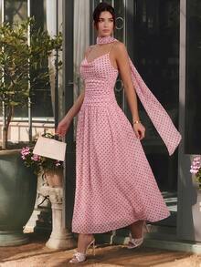 Enchnt Vestido de mujer con estampado de lunares vintage elegante, con cintura ceñida y tirantes, adecuado para vacaciones de verano - Rosa - Ver 9