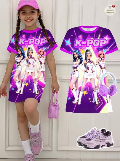 少女K-Pop超级明星卡通女团印花短袖中长连衣裙，适合夏季返校穿着