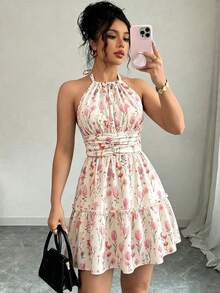 Rafferiza Women's Elegant Vacation Fashion Minimalist Versatile Halter Neck Short Dress, Spring/Summer - Baby Pink - View 3