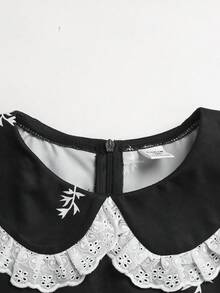 SHEIN Vestido informal y cómodo de manga abullonada con estampado floral ditsy y volantes de contraste suave para niñas preadolescentes, en estilo patchwork blanco y negro, con estilo princesa, para uso formal, conjunto a juego con hermana, vestido de fiesta, adecuado para uso diario, vacaciones, reuniones familiares y ocasiones especiales, estilo de hermanas, primavera/verano, lindo, elegante, dulce, retro, de moda. Conjunto a juego para mamá e hija, hermanas. - Negro - Ver 3
