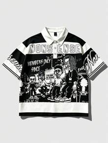 ROMWE MEN Street Life 2026 男士休闲短袖 Polo 领 T 恤，学院风印花条纹上衣 - 彩色 - 查看 1