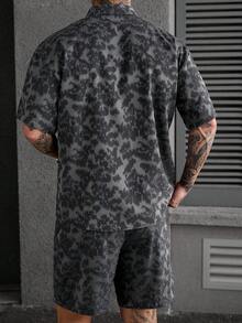 SLATEMANN 男士印花短袖单排扣衬衫和短裤套装 - 深灰色 - 查看 2