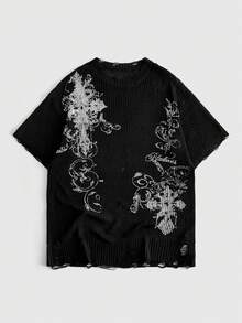 ROMWE MEN Áo len nam cổ tròn in họa tiết - màu đen - Xem 1