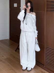 DAZY Quần jean denim dáng rộng, đa năng dành cho nữ, có túi khóa kéo. - trắng - Xem 5