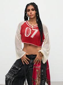 Gowayae Gowayae Women Tops AutumnY2K Street Wear Y2k Streetwear Y2k Basic Sporty American Contrast Mesh V-Neck Hollow Out Cropped Long Sleeve Knit Sweatercover Up - Red - View 5