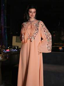 Layrah Đầm chiffon màu hồng sang trọng, thanh lịch, đính kết cầu kỳ, tay xòe, thích hợp cho mùa xuân/hè. - trái cam - Xem 4
