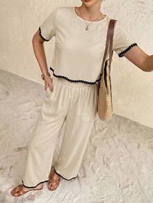 SHEIN Frenchy Women's Vacation Casual Contrast Trim Top And Pants 2 Pieces Set - Apricot - View 8