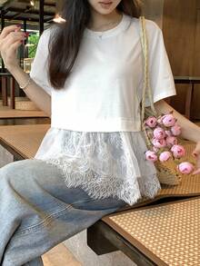 Blusa de verano casual de mujer de unicolor, cuello redondo ajustado, manga corta con aplicación de encaje - Blanco 5 - Ver 7