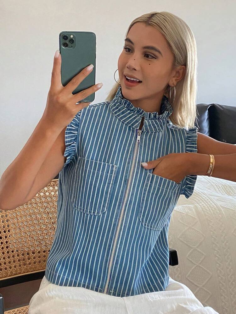 Women's Ruffled Loose Zip-Up Striped Denim Jacket Summer