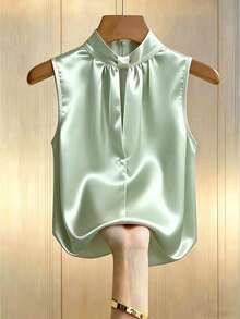 SHEIN Franclia 女士法式优雅缎面镂空褶皱领无袖衬衫 - 綠色 - 查看 2