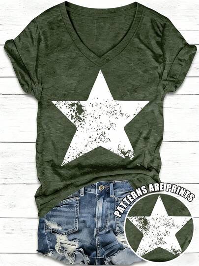 EMERY ROSE Women's V-Neck T-Shirt With Pentagram Print And Contrast Design, Loose Fit, Essential For Spring/Summer, Casual Wear, Suitable For Outdoor