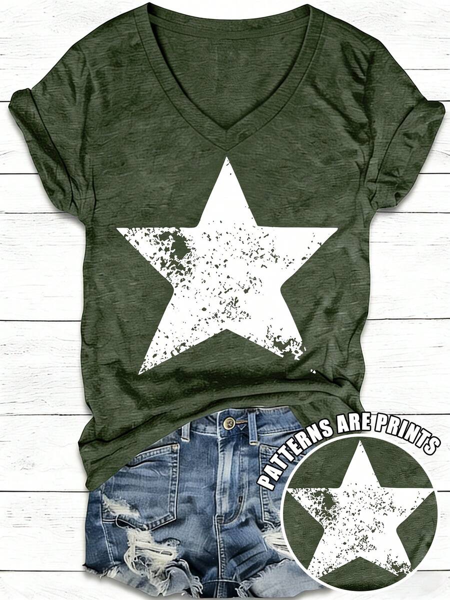 EMERY ROSE Women's V-Neck T-Shirt With Pentagram Print And Contrast Design, Loose Fit, Essential For Spring/Summer, Casual Wear, Suitable For Outdoor - Green - View 1