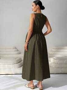 MaterniWear Maternity Solid Color Round Neck Pleated Casual Vacation Dress - Army Green - View 6