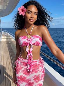 Vaytide Ensemble de bikini à volants avec attache au cou, imprimé floral d'été pour femme, avec cache-maillot et jupe - Rose bonbon - Voir 9