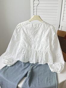 SHEIN Áo sơ mi dài tay cổ tròn, thắt nơ, phong cách tối giản, thoải mái cho bé gái tuổi teen, chất liệu vải có họa tiết, thích hợp cho mùa tựu trường. - trắng - Xem 2