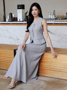 DAZY 女士休闲优雅无袖修身衬衫长裙两件套，春夏款 - 藍色 - 查看 7
