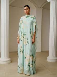 ZEYLAH Extra Long Flowy Printed Robe, Romantic Oversized, Spring - Mint Green - View 6