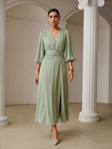 ZEYLAH Vestido elegante y romántico con cintura ceñida y fruncido, para primavera/verano - Verde - Ver 6