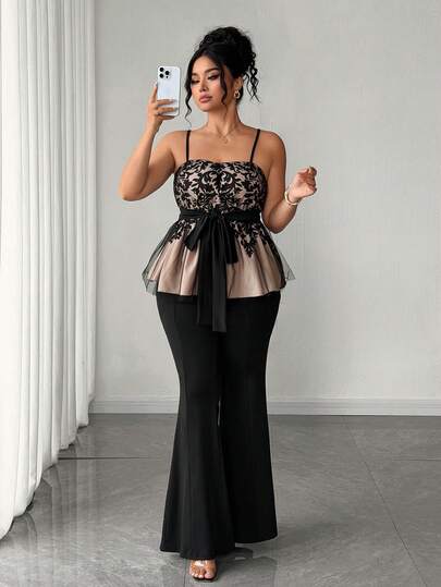 Elenzga Plus Size Baroque Print Cinched Camisole & Flare Pants Set, Vintage Elegant Party Wedding Slimming 2-Piece Outfit