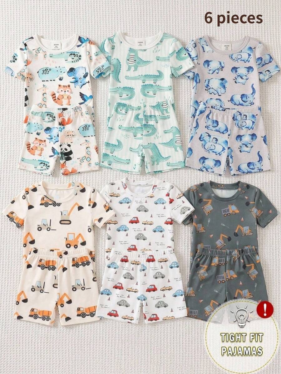 Bộ đồ ngủ 6 món ôm sát dành cho bé trai, với họa tiết cá mập đại dương, khủng long, tên lửa và hành tinh, chất liệu mềm mại và thoải mái, co giãn tốt, màu sắc tươi sáng và vui nhộn, phù hợp cho trẻ em. - Nhiều màu - Xem 1